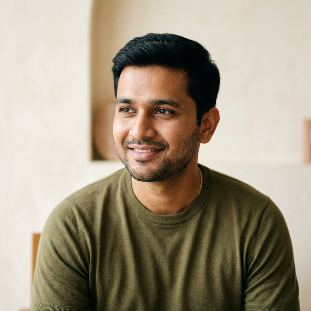 Creative director in warm linen clothes inside a natural lit studio